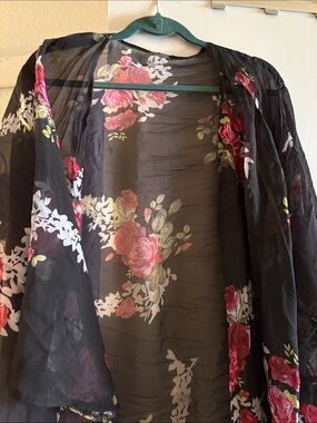 Sheer Black Floral Kimono with Pink Rose Print